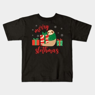 Merry Slothmas Sloth with Christmas Presents Kids T-Shirt